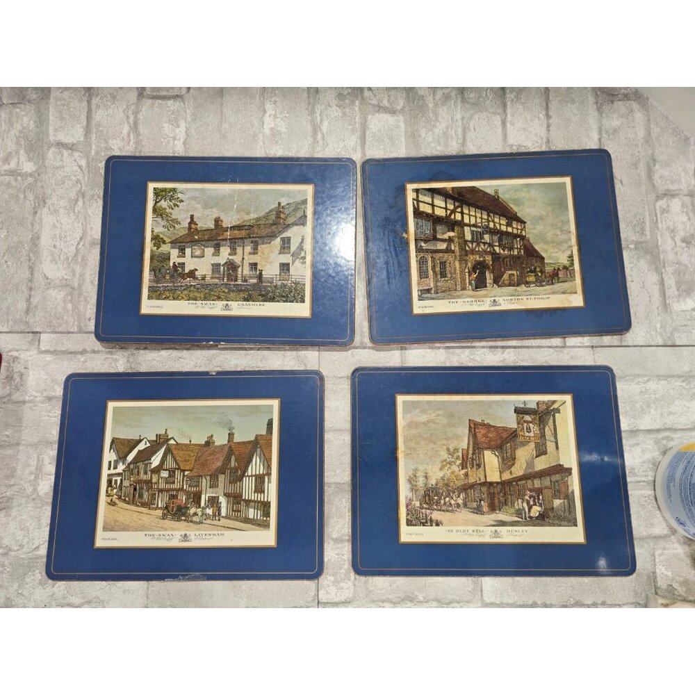 Set‎ of 4 Vtg Blue Pimpernel Placemats Old English Inns Cork Backs 9" x 12"